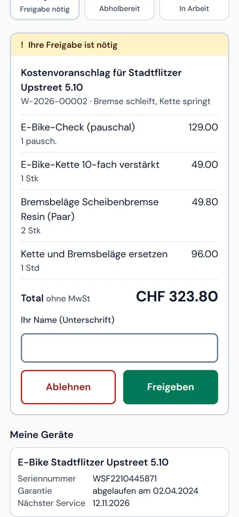 Kostenvoranschlag und Velos