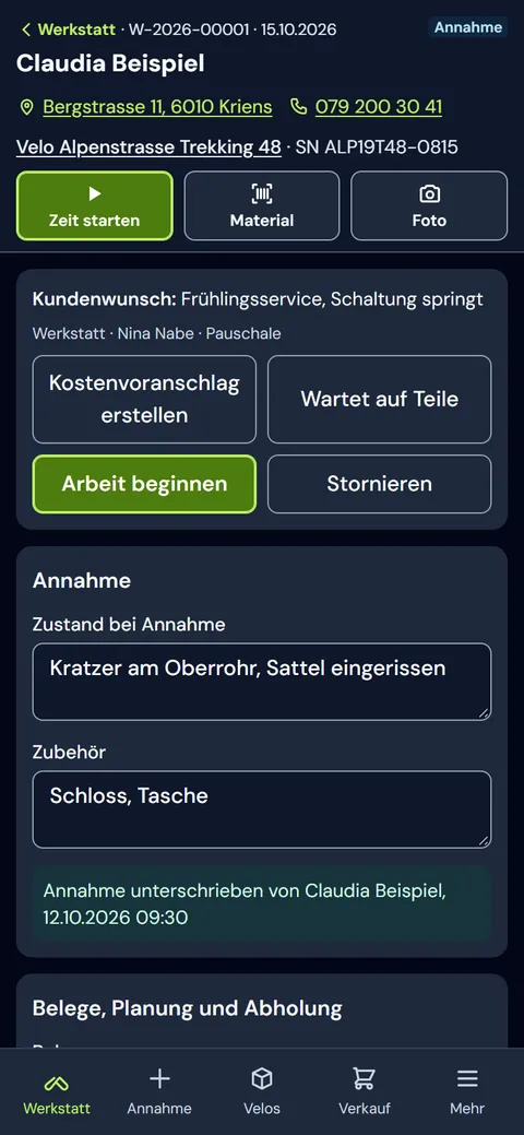 Werkstattauftrag in dxBike auf dem Handy