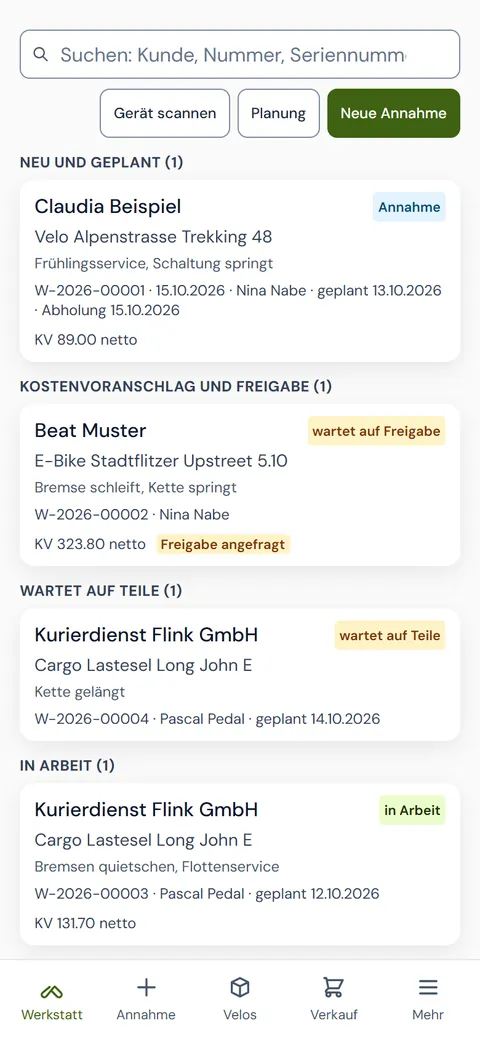 dxBike auf dem Handy: Werkstatt