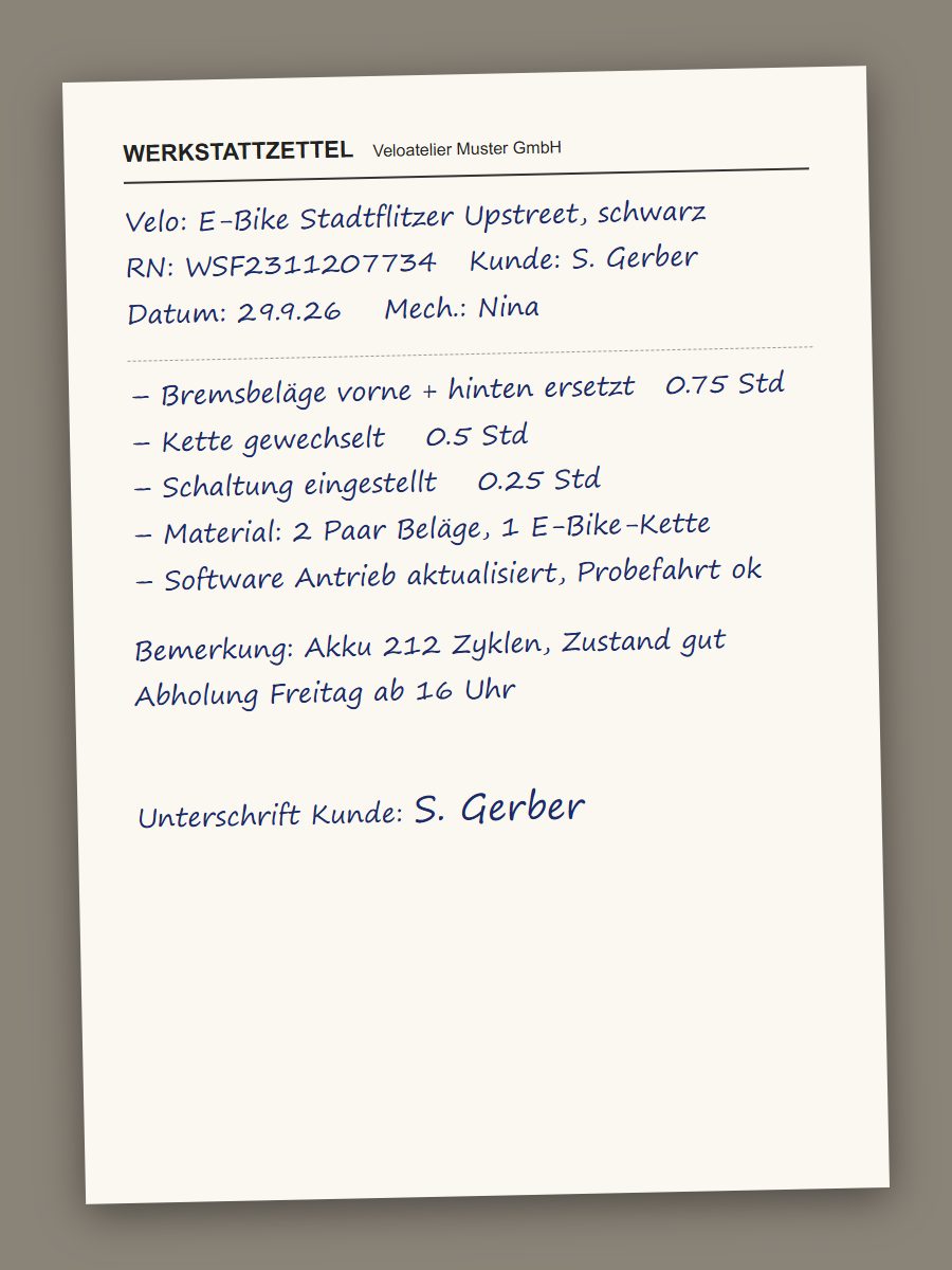 Handschriftlicher Werkstattzettel